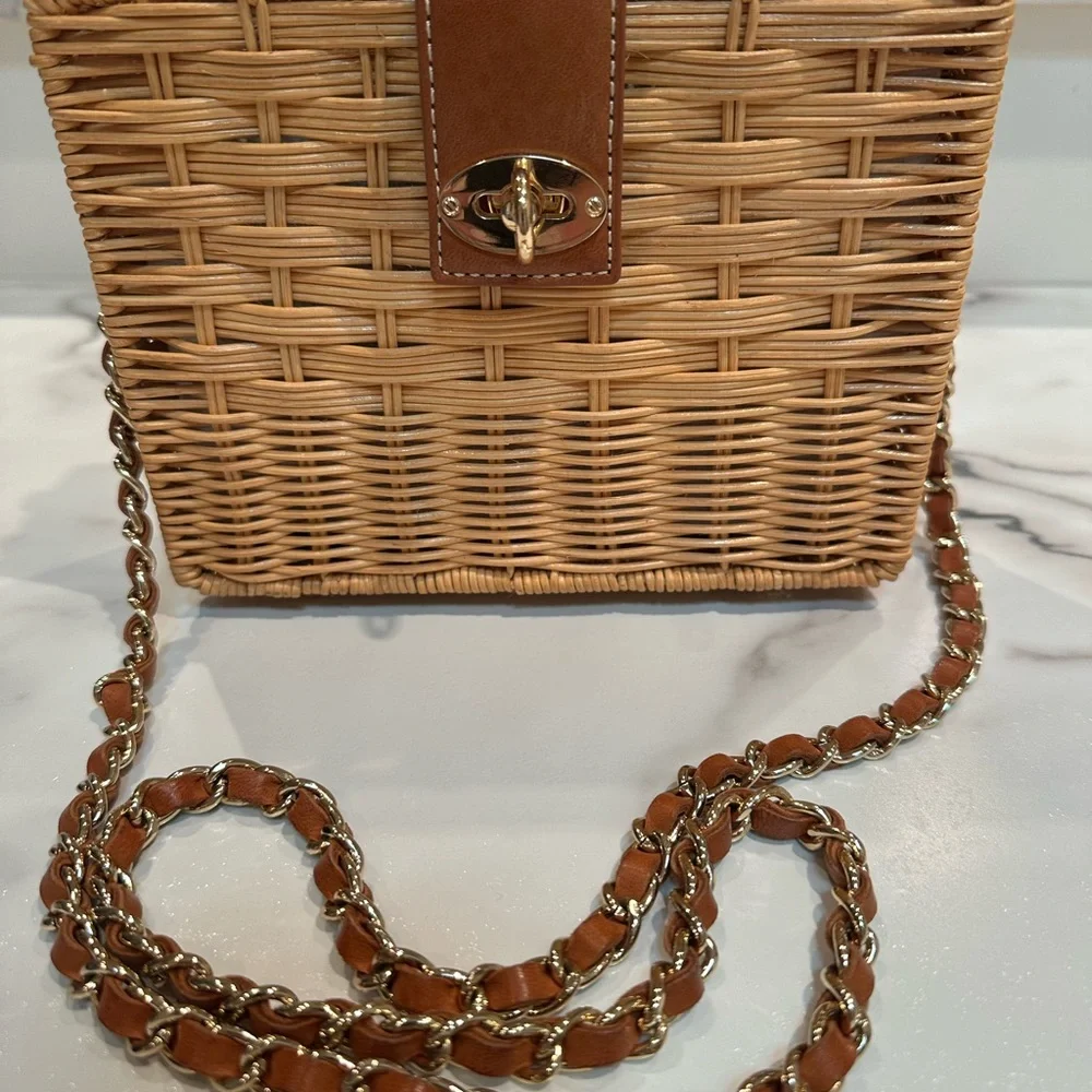 Woven Rattan Crossbody Bag with Brown Leather Trim - Picture 2 of 9